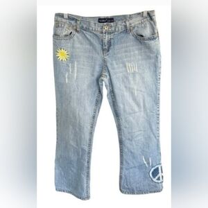 Revolt Jeans Distressed Flare Peace Sun Patch Denim